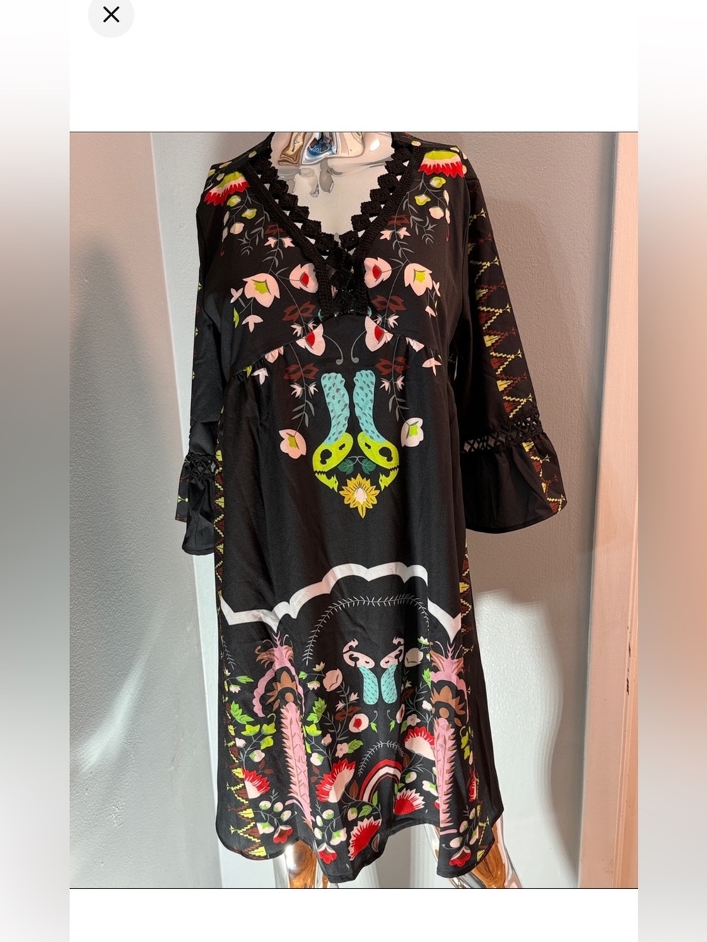 Doublju Black Long Sleeve Floral Folk-Print V-Neck Dress L